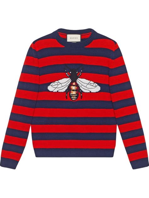 gucci white wool knit blue stripe bee|Gucci Striped Wool Sweater With Bee in Blue for Men .